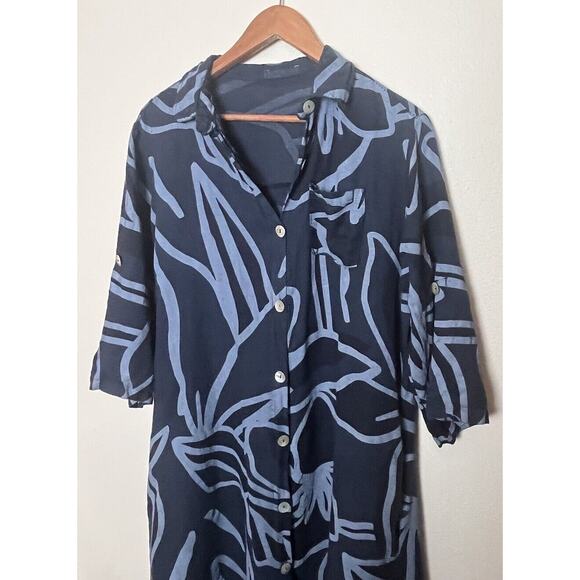 Meo Meli Women’s One Size Blue Linen Midi Maxi Button Up Roll Tab Shirt Dress - Picture 3 of 9